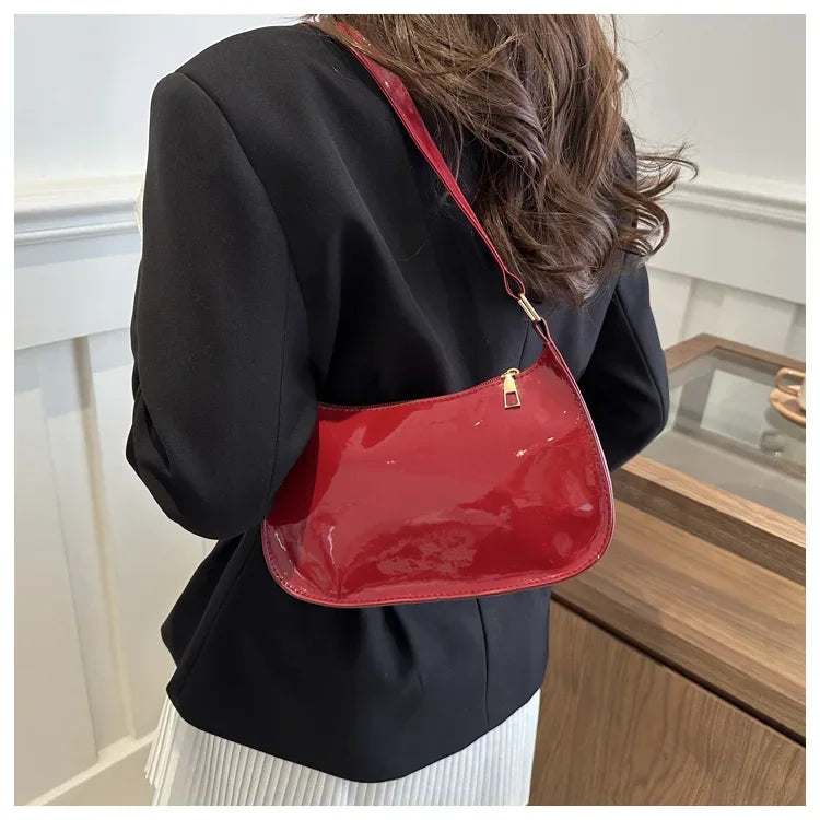 Vintage Wine Red Patent Leather Glossy Underarm Bag 2024 New Minimalist Lady Zipper Shoulder Bag Elegant Versatile Handbag Trend