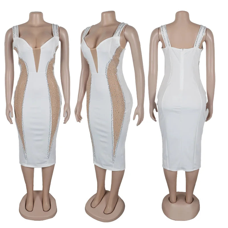 Sexy Spaghetti Strap V-neck Bandage Bodycon Dress Women Elegant Mesh Patchwork Diamonds Cocktail Party Dresses Vestidos Midi