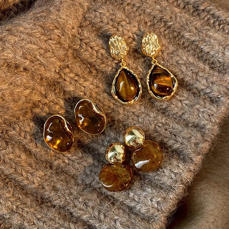 New Brown Resin Tiger Eye Stone Dangle Earrings for Women Fashion Silver Needle Earring Personality Melard Color Jewelry