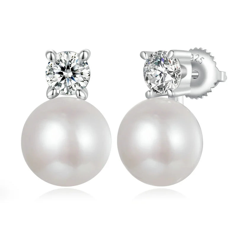 BAMOER Moissanite 925 Sterling Silver Freshwater Pearl Stud Earrings VVS1 Lab Created Diamond Wedding Earrings for Women Gift