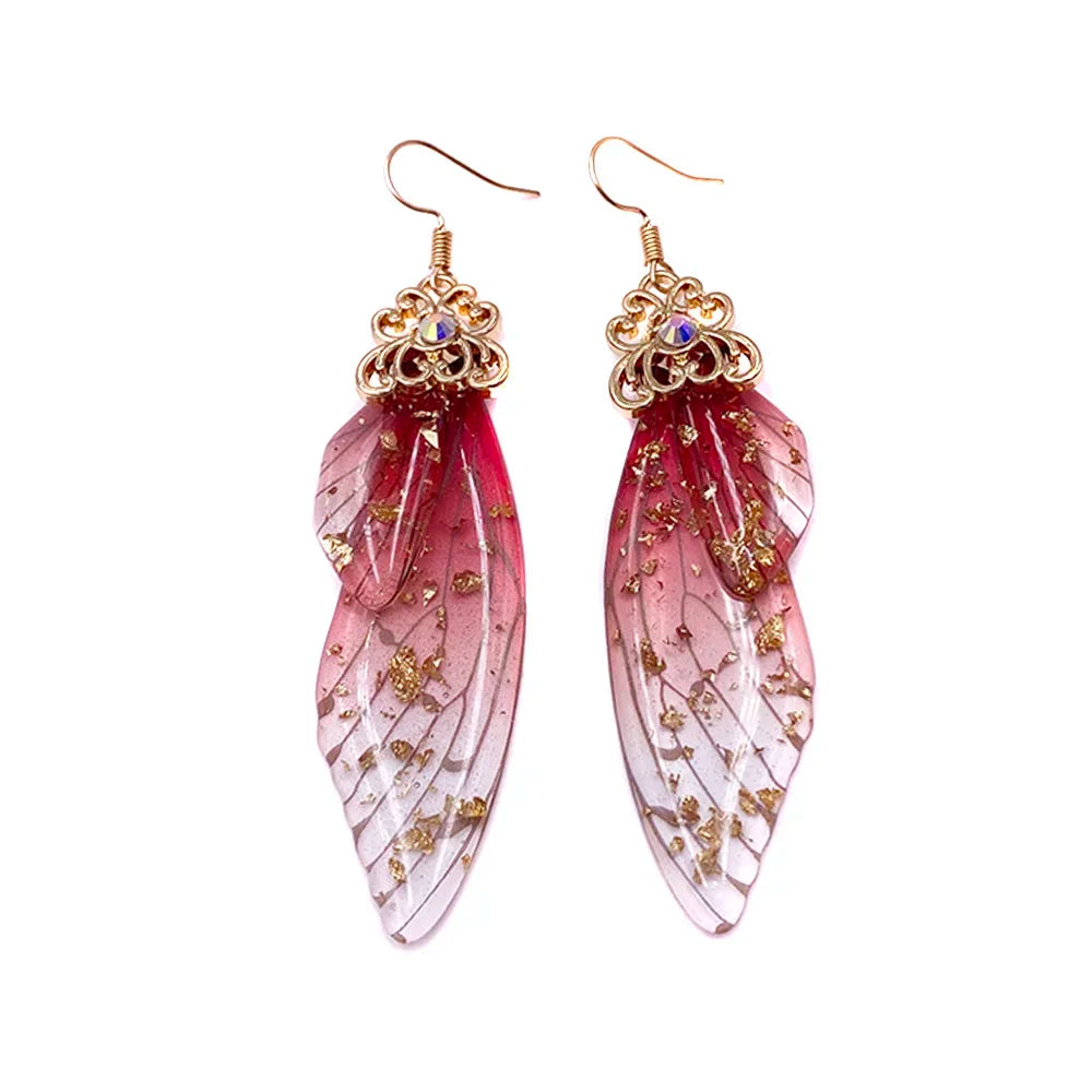 Handmade Fairy Simulation Wing Earrings Insect Butterfly Wing Drop Earrings Foil Rhinestone Earrings Romantic Bridal Jewelry