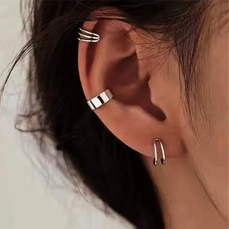 KOTiK 2024 New Gold Silver Color Leaves Clip Earrings for Women Fashion Ear Cuff Non-Piercing Earrings Set Trend Jewelry Gift