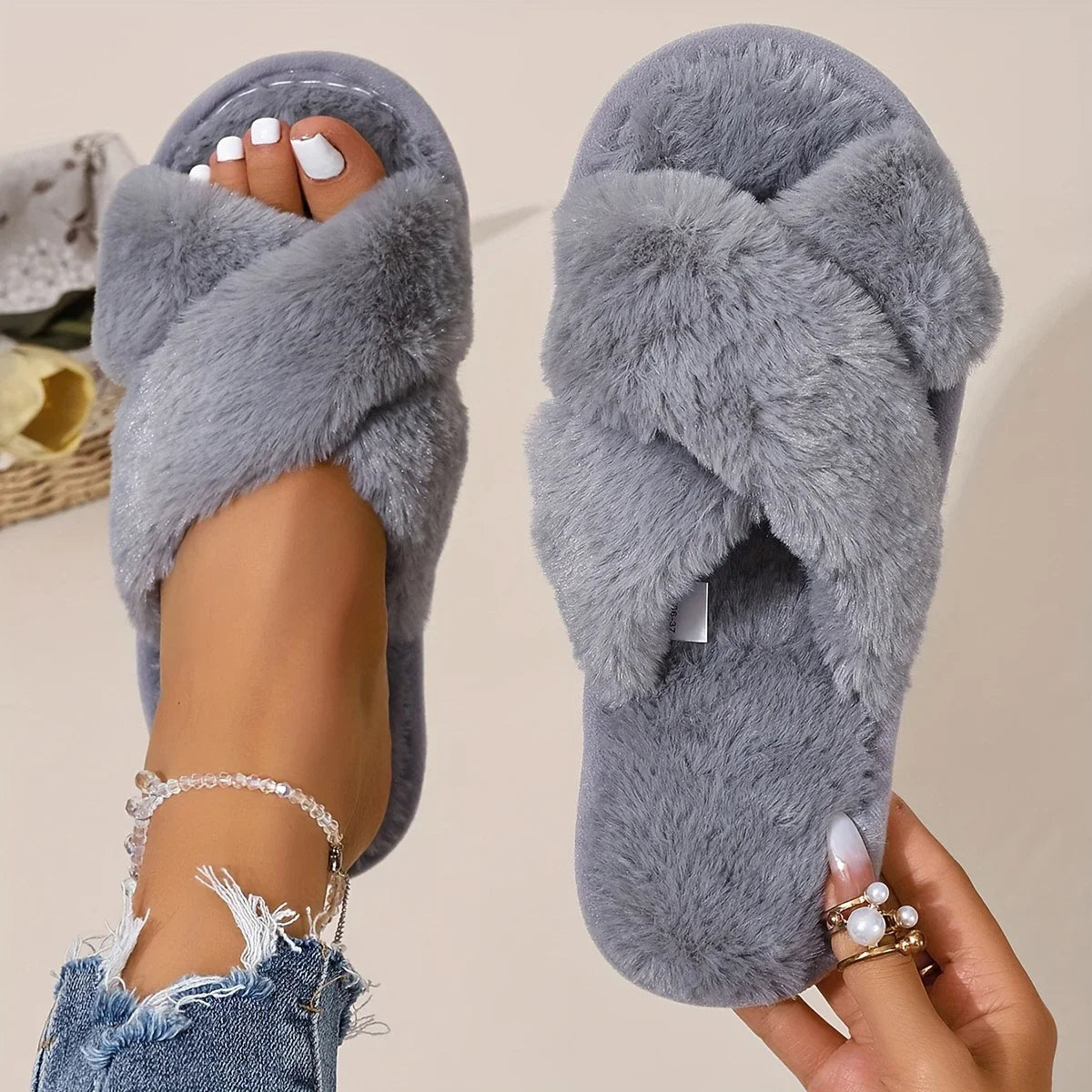 Cross Furry Slippers - Fluffy Winter Slides with Faux Fur Lining