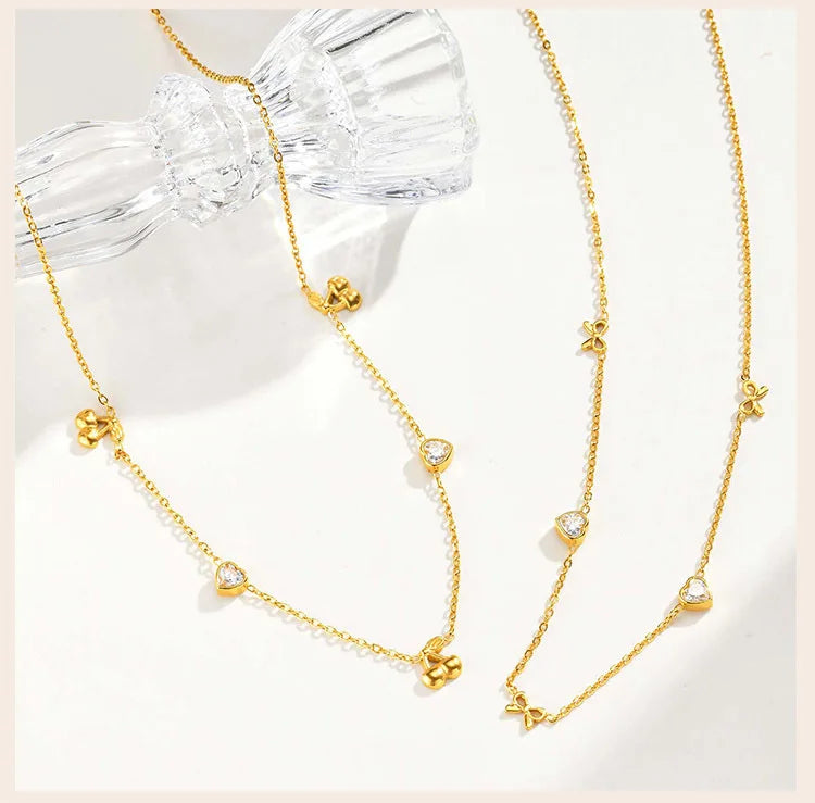 Stainless Steel Heart Cubic Zirconia Chain Necklace for Women, Bowknot Cherry Thin Link Chain Necklace Layered Jewelry