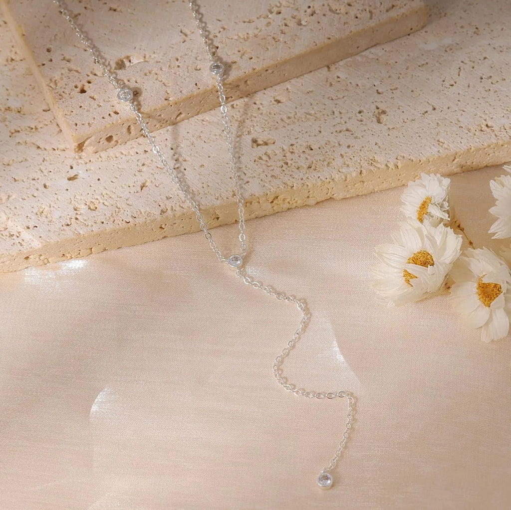 Silver Plated Necklace for Women, Dainty Gold Necklaces Gold Plated CZ Lariat Necklace for Women Boho Fashion Jewelry Womens
