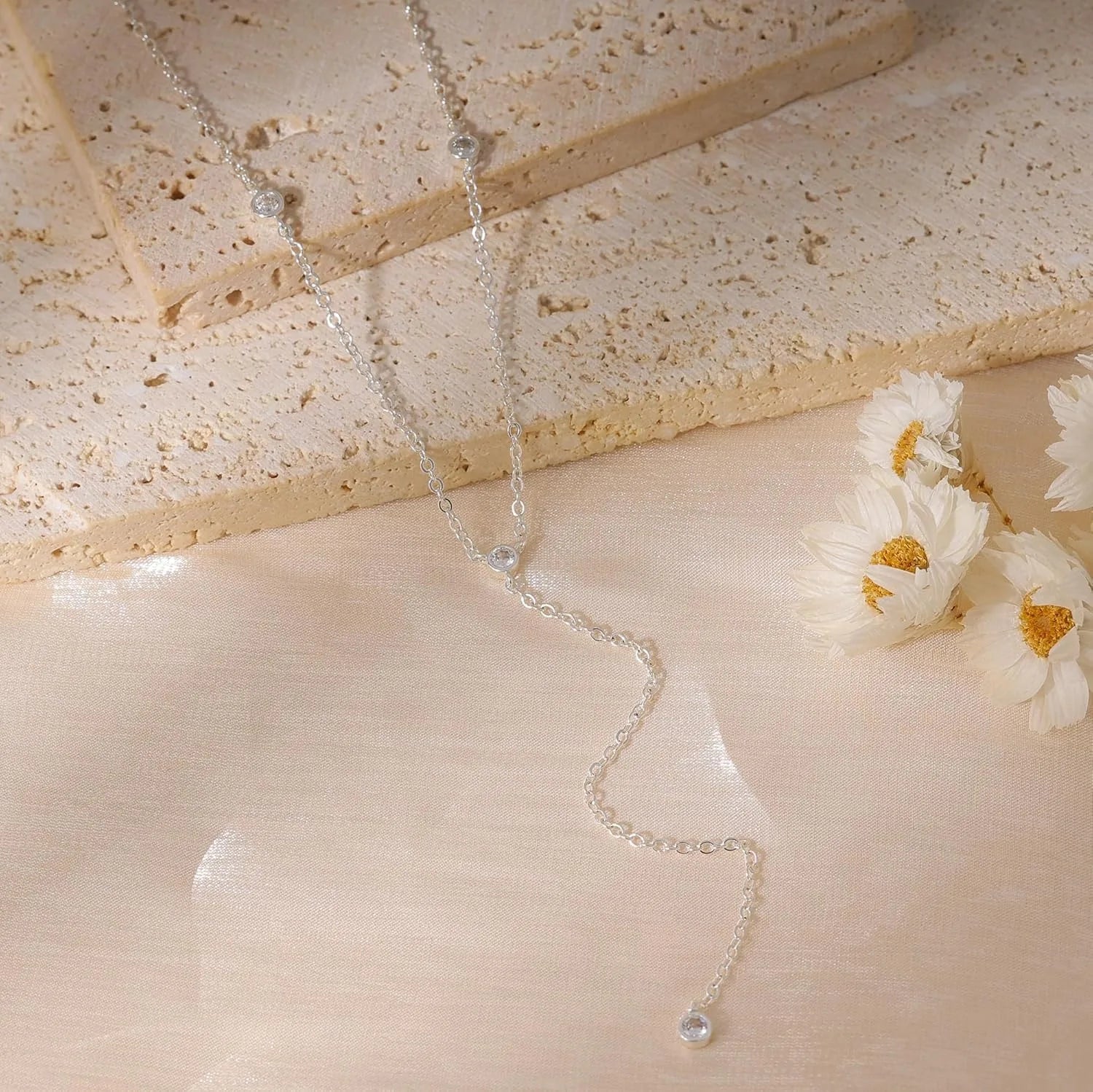 Silver Plated Necklace for Women, Dainty Gold Necklaces Gold Plated CZ Lariat Necklace for Women Boho Fashion Jewelry Womens