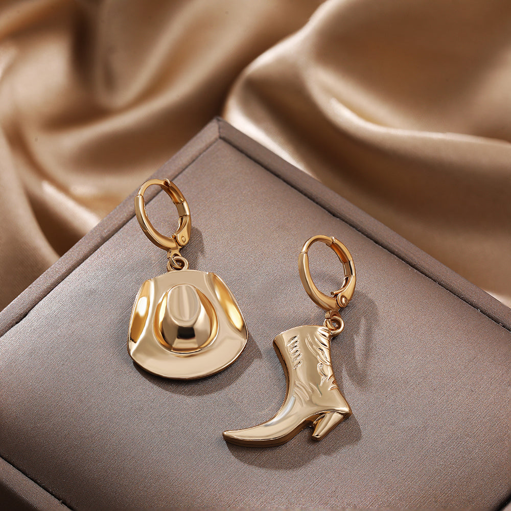 Punk Cool Western Cowboy Hat Boot Earring Unisex Asymmetric Charms Gold Plated Hoop Earrings for Cowgirl Gift Rock Jewelry