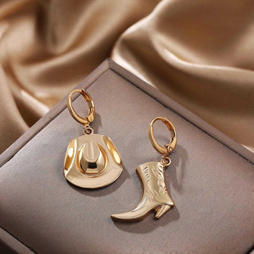 Punk Cool Western Cowboy Hat Boot Earring Unisex Asymmetric Charms Gold Plated Hoop Earrings for Cowgirl Gift Rock Jewelry