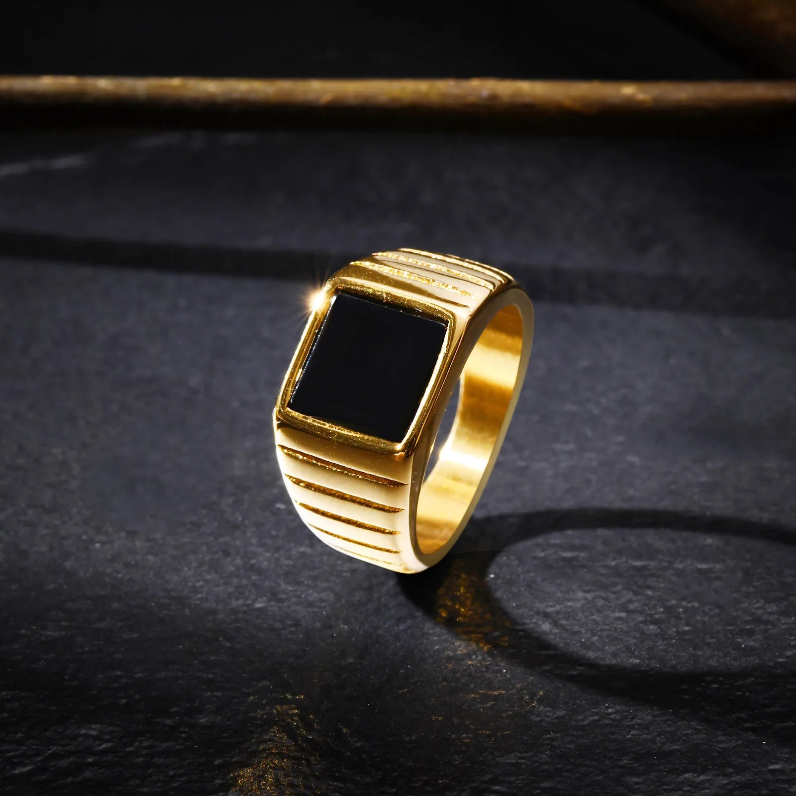 Black Stone Ring for Men,Gold Color Stainless Steel Square Ring Thumb Ring Signet Ring Wedding Ring,Classic Trendy Jewelry Gift