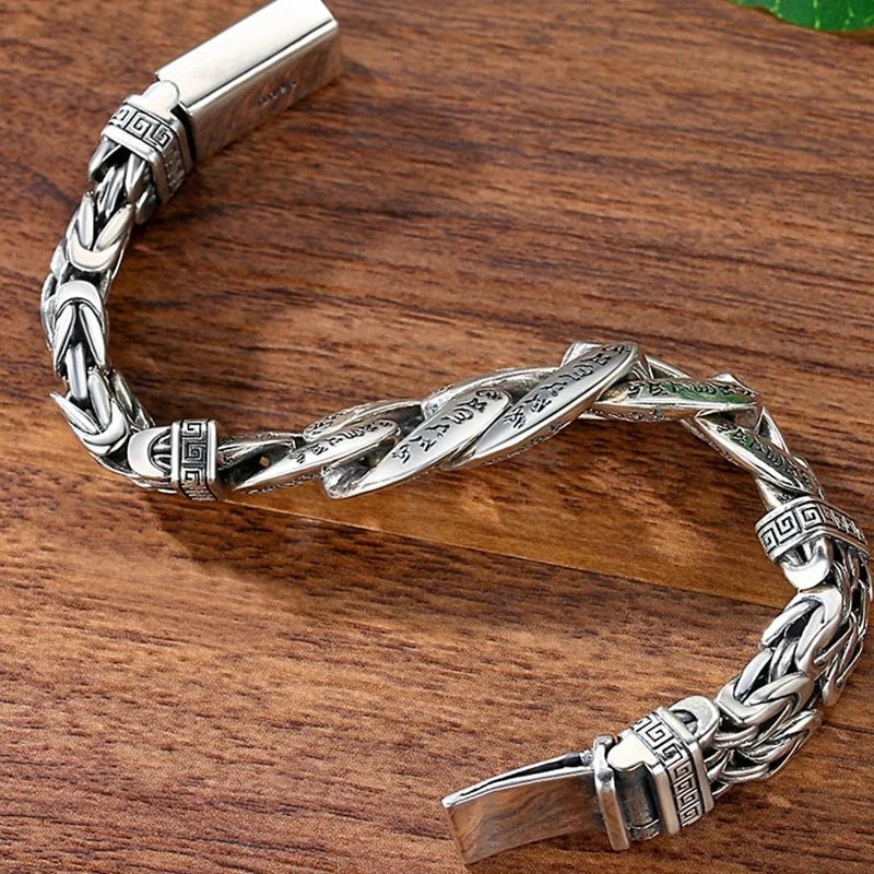 S925 Sterling Silver Personalized Men and Women Bracelets Six-Character Peace Pattern Cuban Chain Jewelry Exquisite Gift
