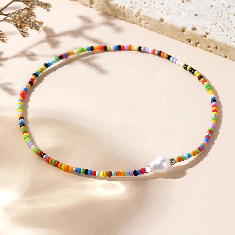 1pc Summer Bohemian style special-shaped natural pearl colorful mixed color beaded anklet