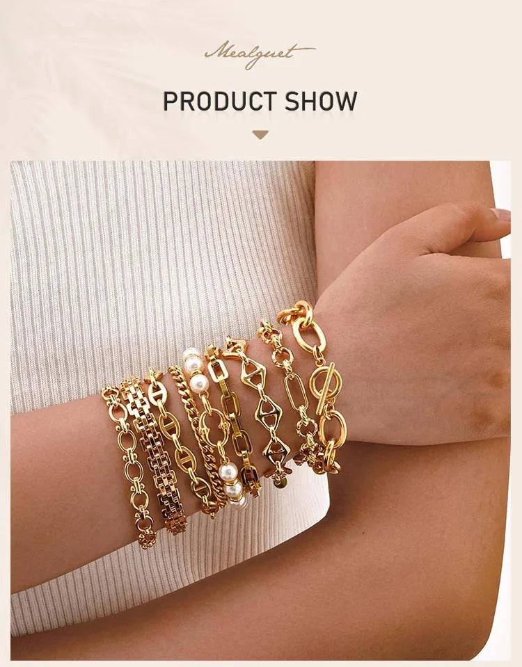 Gold Plated Chunky Chain Bracelet, Stainless Steel Minimalist Link Waterproof, Thick Brand Wristband Bangle For Women