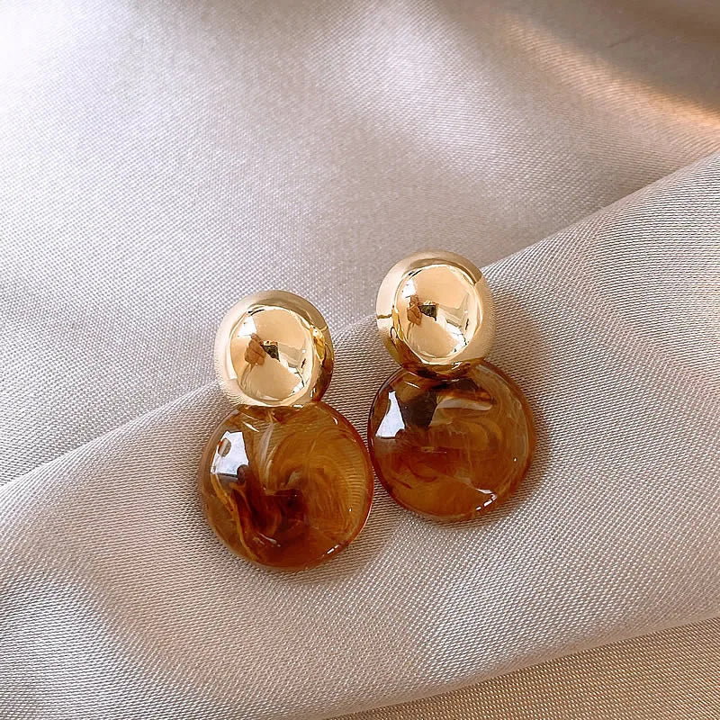 New Brown Resin Tiger Eye Stone Dangle Earrings for Women Fashion Silver Needle Earring Personality Melard Color Jewelry