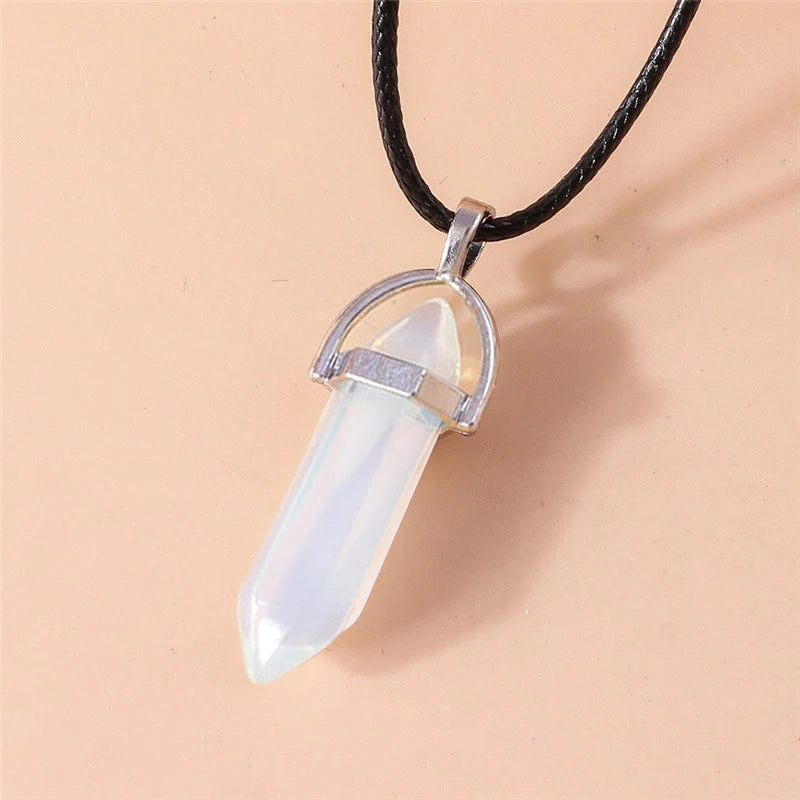 Natural Stone Quartz Lapis Opal Amethyst Pink Crystal Stone Hexagonal Column Pendant Necklaces Leather Chain Bullet Necklace
