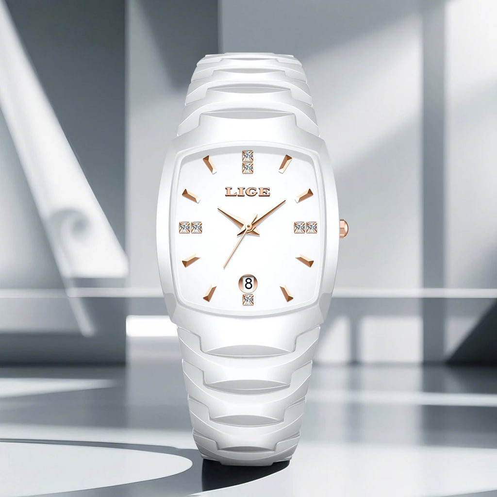 LIGE Fashion Luxury Ceramic Watch - Simple Elegant Calendar Women