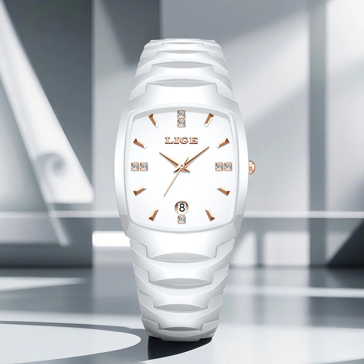 LIGE Fashion Luxury Ceramic Watch - Simple Elegant Calendar Women
