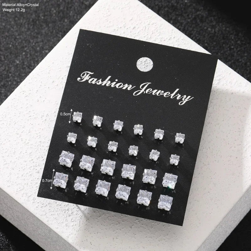 12 Pairs of Fashionable and Simple Square Zircon Earrings Set for Both Men and Women, Suitable for Daily Wear