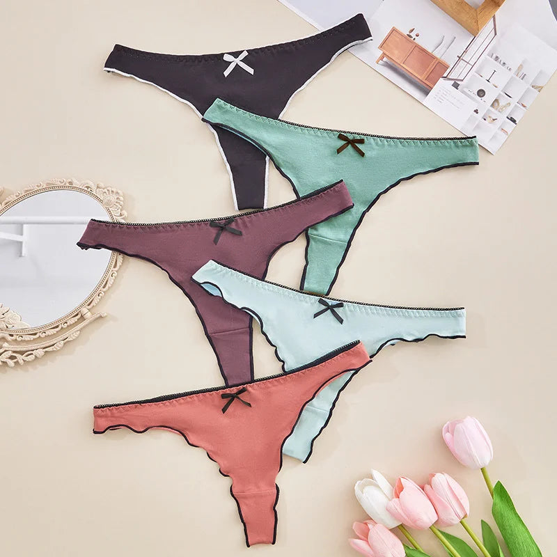 4pcs women's cotton solid color thong sexy comfortable women's underwear daily breathable T-back knitted bow cute girl low-waist