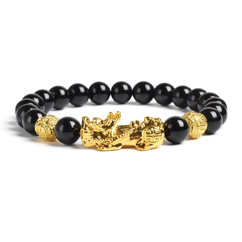Pi Xiu Tiger Eye Stone Beads Bracelet Feng Shui Yellow Power Stone Women Men Elastic Jewelry Gold Color Pixiu Good Luck Bracelet