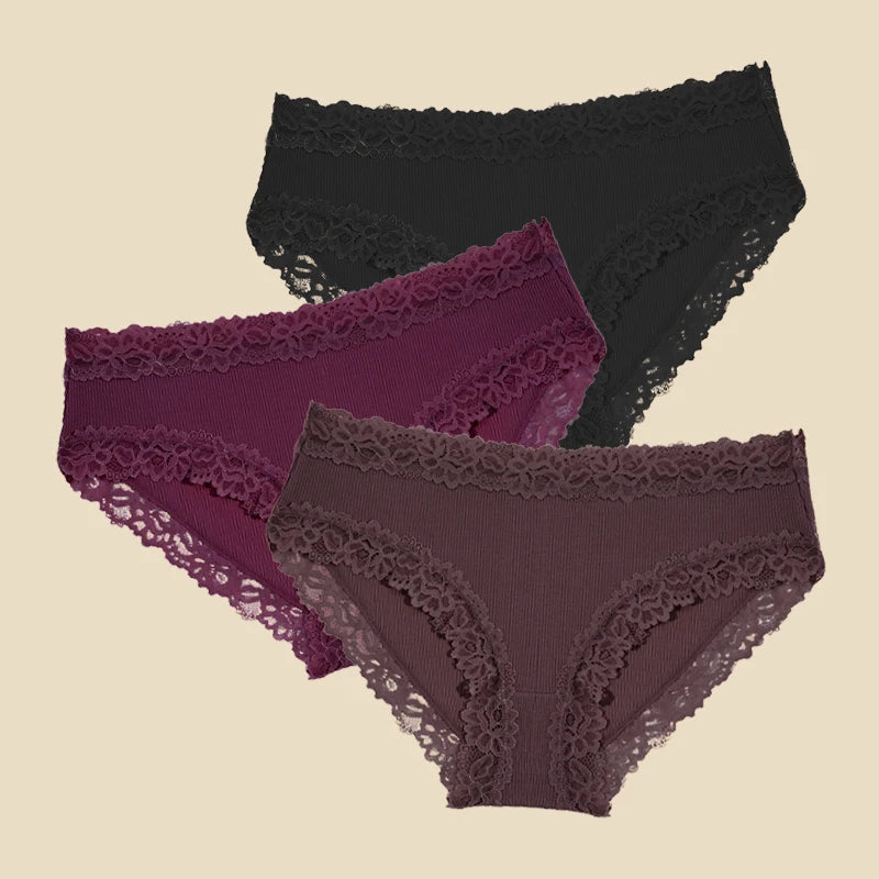 3PCS/Set Cotton Lace Underwear for Women Sexy Ribbed Floral Panties Comfortable Low-Waist Briefs Female Solid Comfort Lingerie