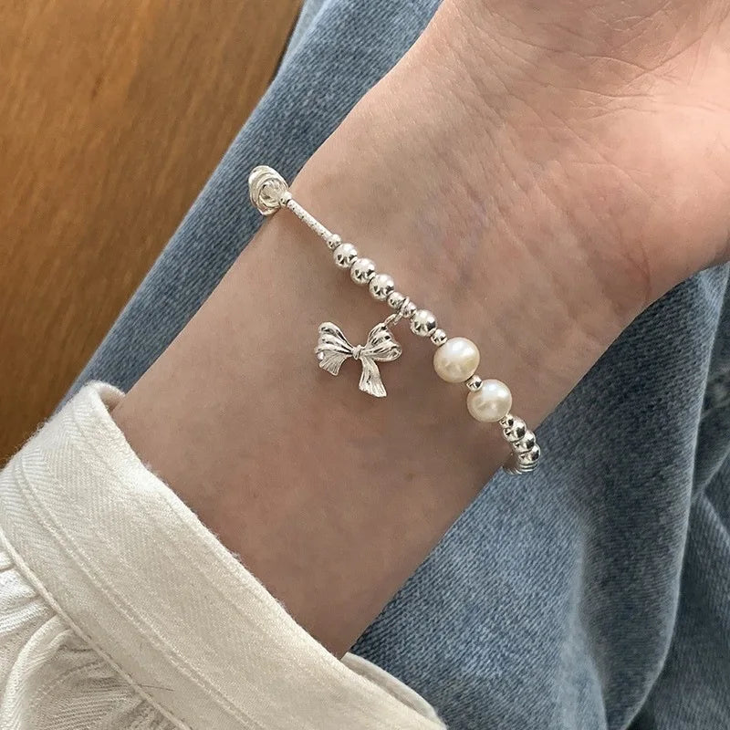 New 925 Silver Geometric Bead Pearl Punk Irregular Asymmetric Adjustable Bracelet For Woman Girl Fashion Jewelry Gift Dropship