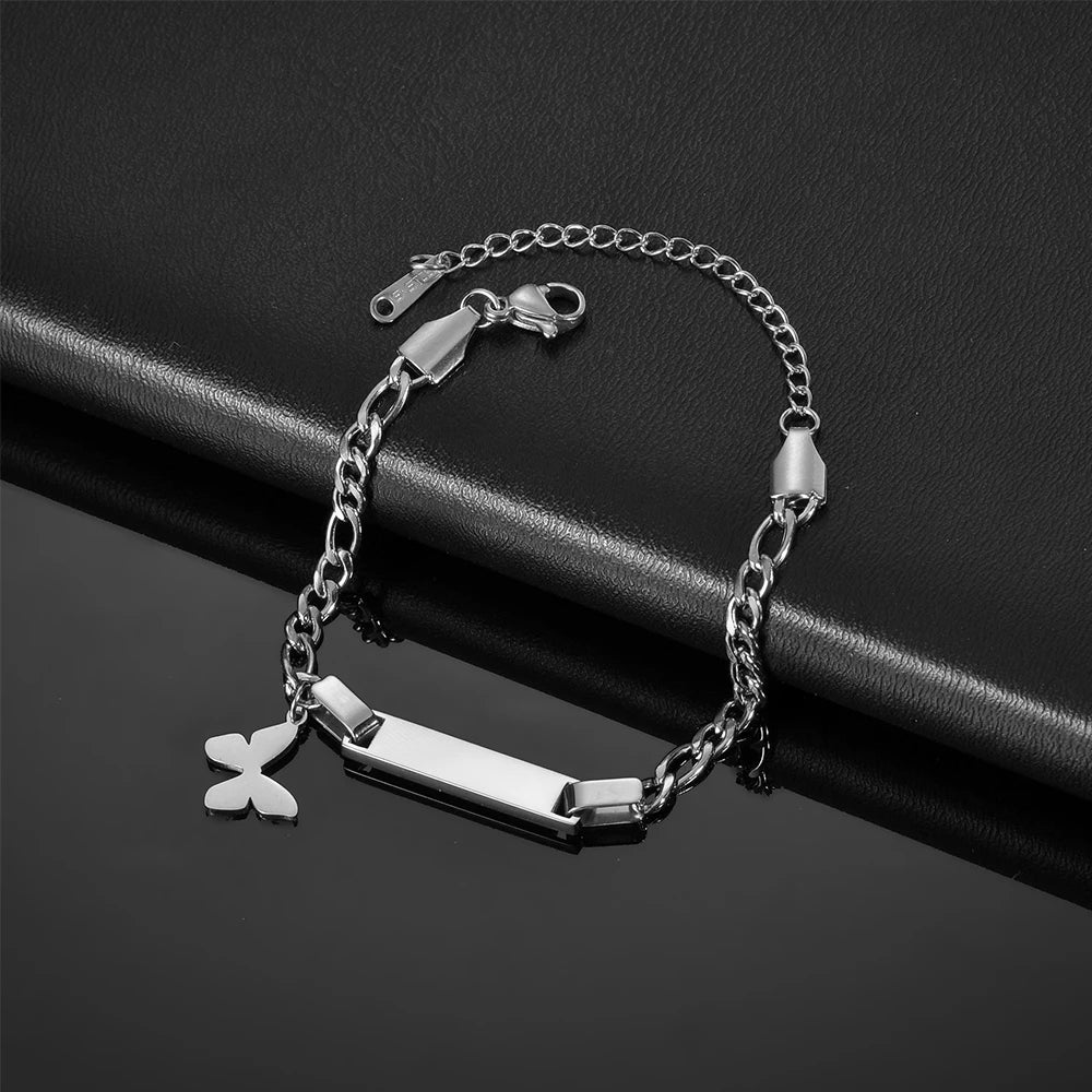 Akizoom Punk Newborn Baby Bracelets Hip Pop Gold Color Stainless Steel Figaro Chain Blank Bar Kids Bangle  Jewelry Birthday Gift