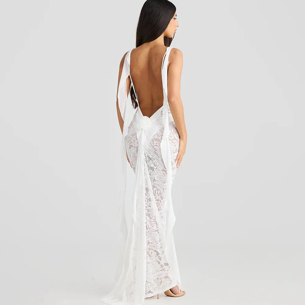 Articat Sexy Sleeveless Lace Patchwork Print Women Backless Party Evening Dress 2024 New Trailing Long Skirt Flowing Vestido
