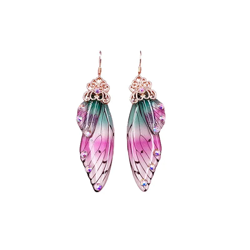 Handmade Fairy Simulation Wing Earrings Insect Butterfly Wing Drop Earrings Foil Rhinestone Earrings Romantic Bridal Jewelry