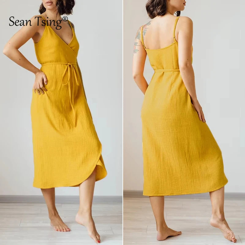 100% Cotton Gauze Elegant Dresses For Women SummerSexy Adjustable Strap Sleeveless Open Side Bandage Party Dresses Vestido