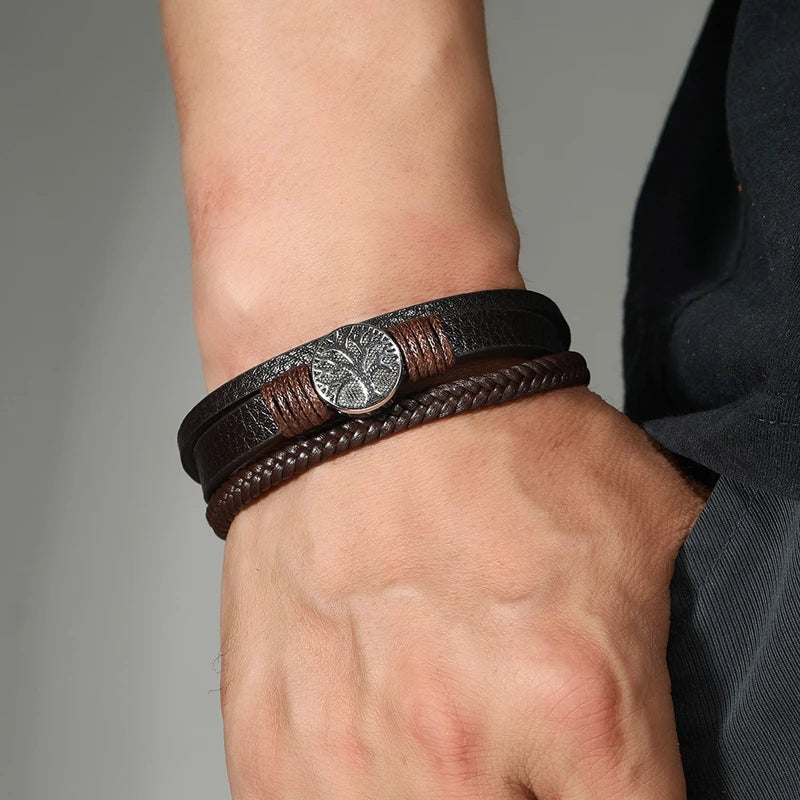 Hip-hop rock jewelry bracelets bangles fashion Life tree PU leather bracelet for men