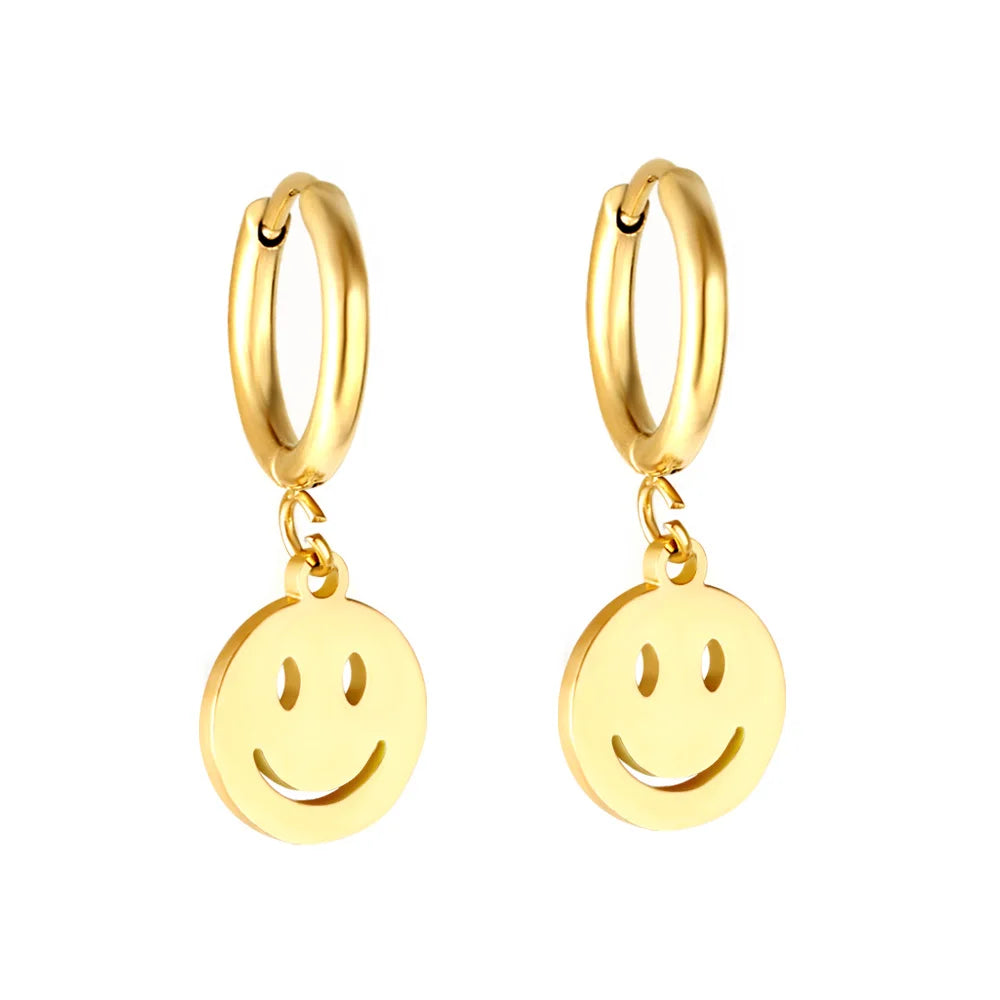 LUXUKISSKIDS Punk Smile Face Gold/Steel Color Drop Earrings Simple Hiphop Round Pendients Fashion Clips For Man/Woman/Girls