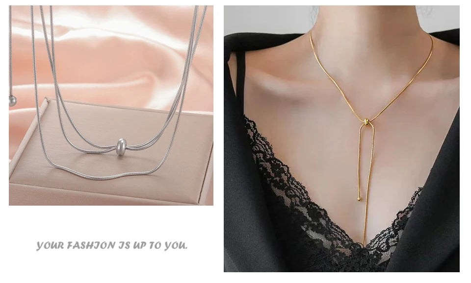 Teamer Long Snake Chain Round Bead Necklace Stainless Steel Gold Color For Girls Women Minimalist Trendy Simple Jewelry Gift