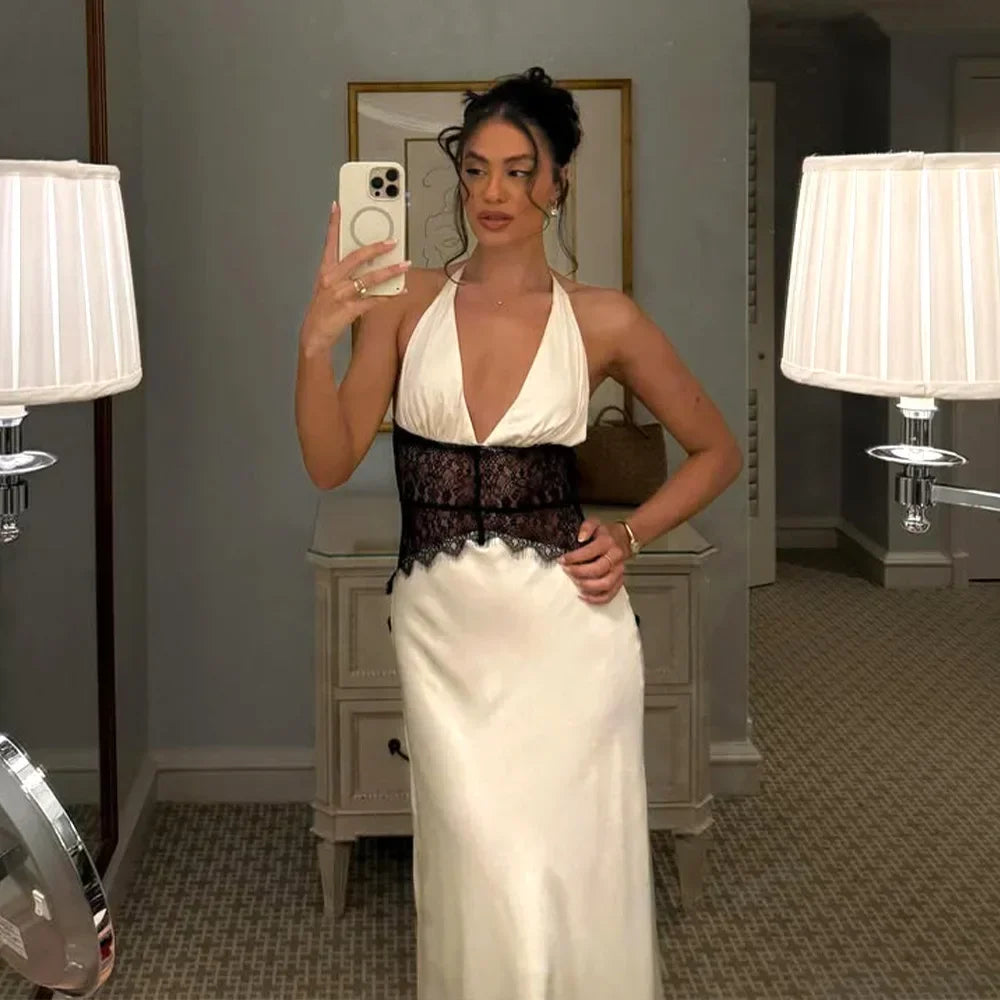Deep V-Neck Backless Dress - Lace Satin Halter Maxi Evening Gown