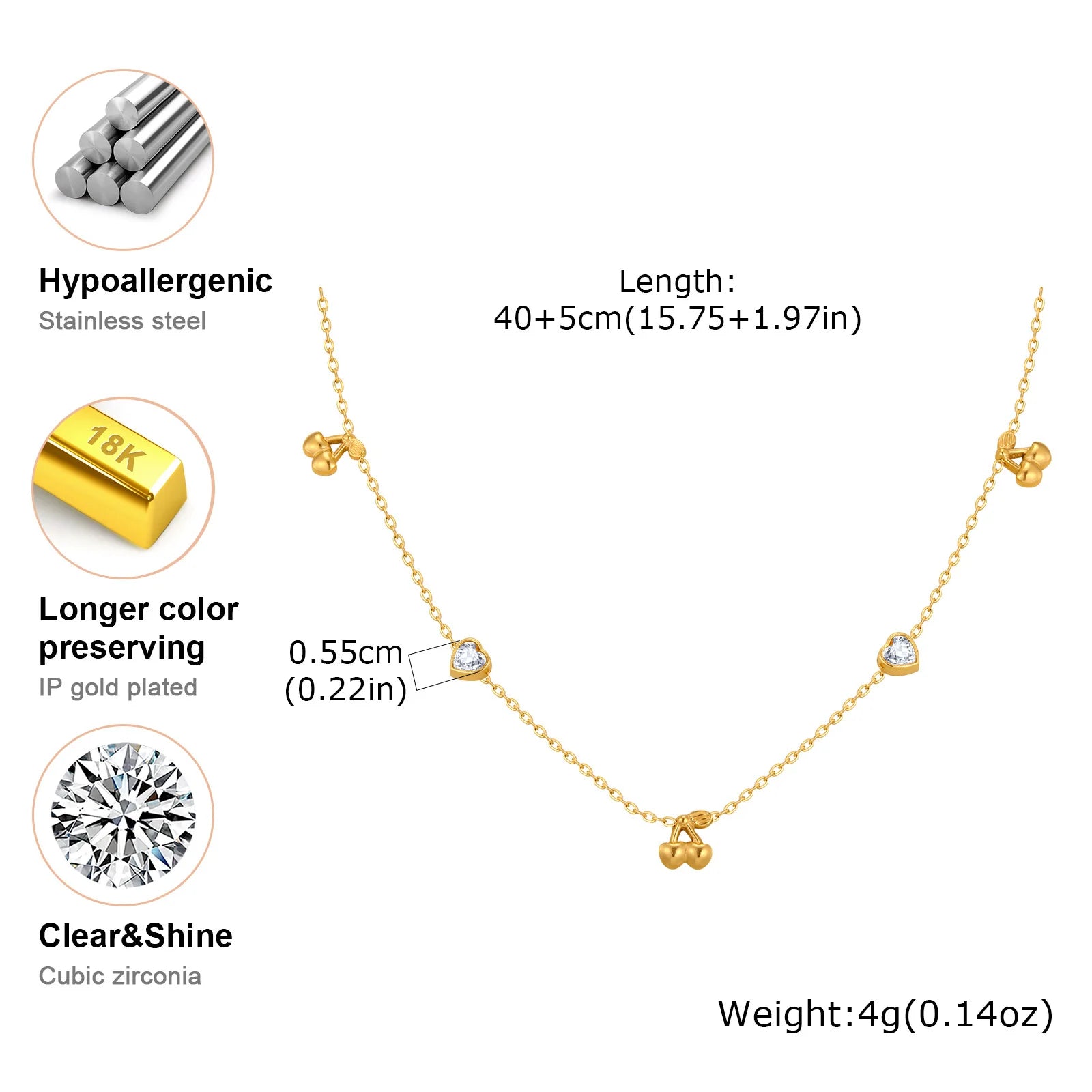 Stainless Steel Heart Cubic Zirconia Chain Necklace for Women, Bowknot Cherry Thin Link Chain Necklace Layered Jewelry