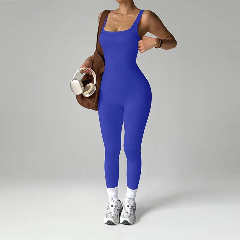 Outdoor quick-drying yoga wear for sports, women's yoga cycling, running and fitness set, solid-color yoga jumpsuit