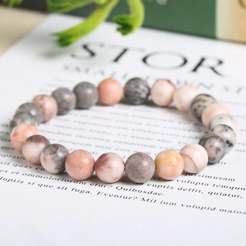 JD Natural Pink Zebra Jasper Stone Bead Bracelet Handmade Yoga Healing Wristband Jewelry for Women Men Bohe Simple Jewelry Gift
