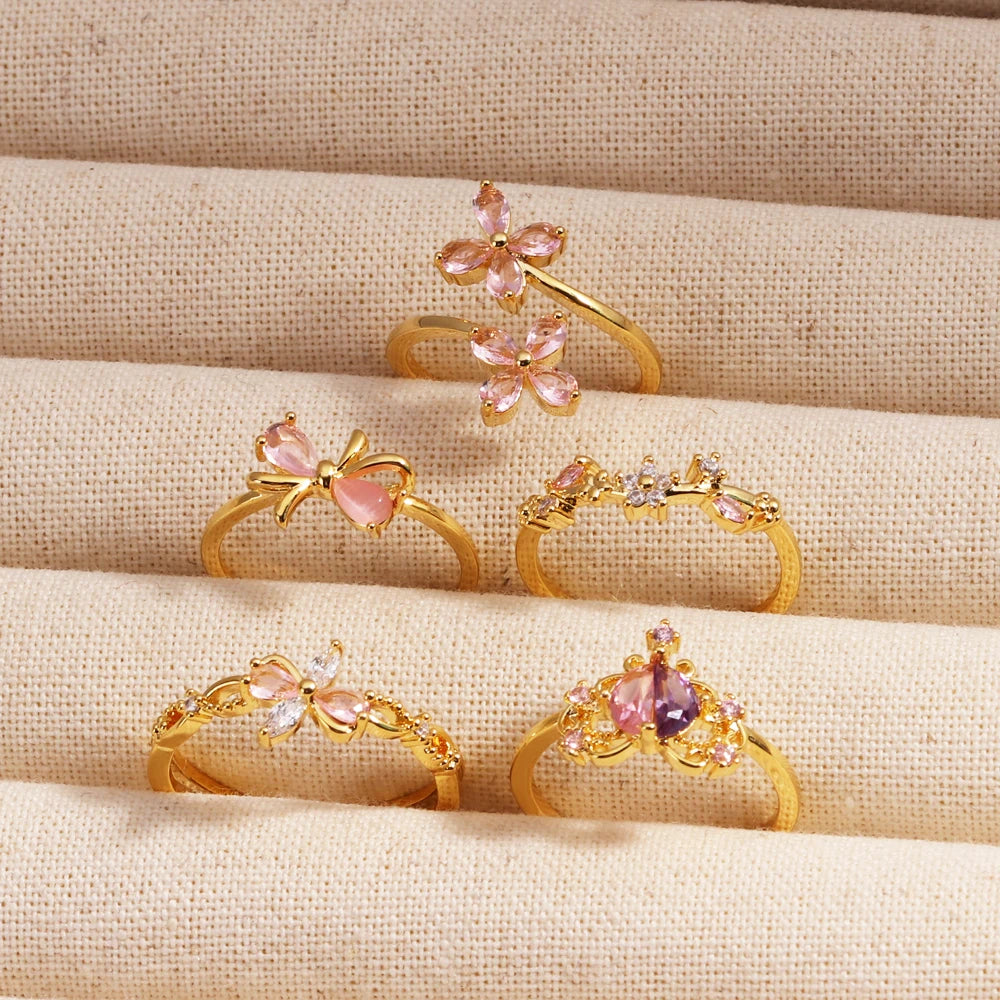 Fashion Moon Heart Flower Butterfly Rings For Women Sweet Girls Exquisite Shiny Rhinestone Crystal Open Ring 2025 Romantic Jewel
