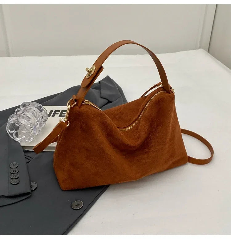 New Solid Color PU Zipper Women's Bag Suede Large Capacity Women's Shoulder Bag Fashion Versatile Casual Dual Purpose Handbag