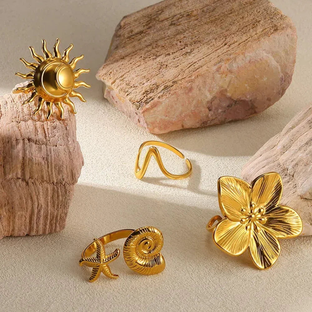 Elegant Stainless Steel Big Bloom Flower Rings For Women Gold Color Sun Starfish Open Ring Finger Jewelry Wedding Her Gift Punk