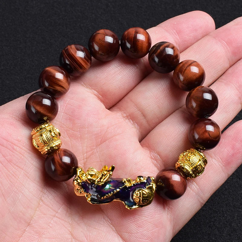 Pi Xiu Tiger Eye Stone Beads Bracelet Feng Shui Yellow Power Stone Women Men Elastic Jewelry Gold Color Pixiu Good Luck Bracelet