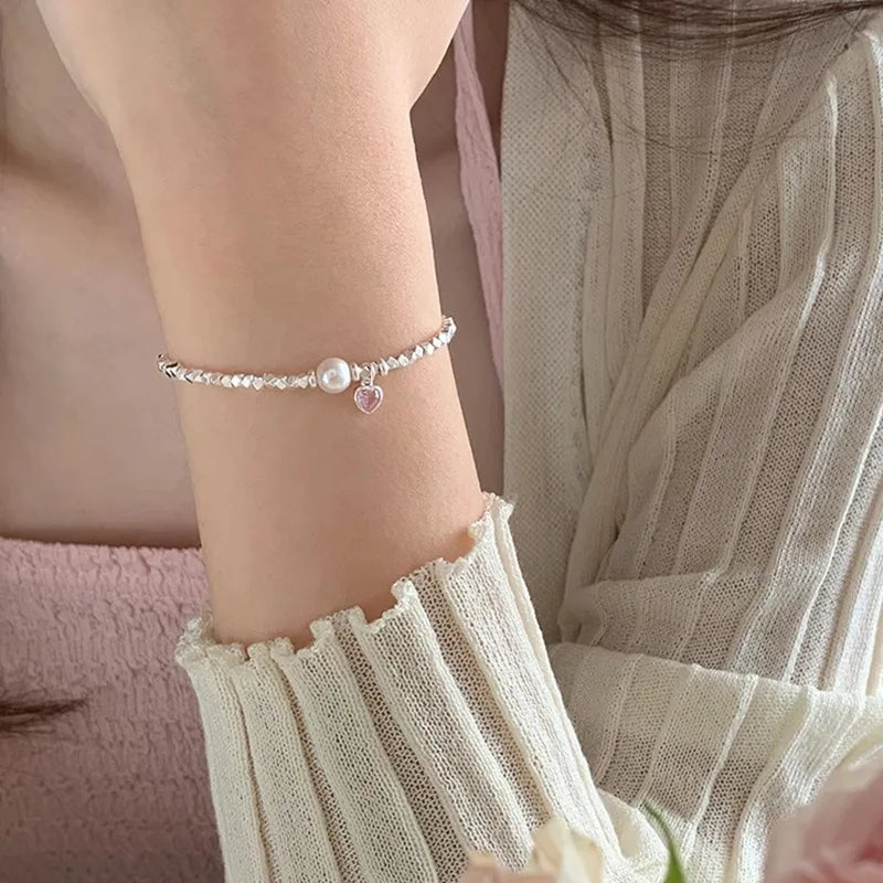 New 925 Silver Geometric Bead Pearl Punk Irregular Asymmetric Adjustable Bracelet For Woman Girl Fashion Jewelry Gift Dropship