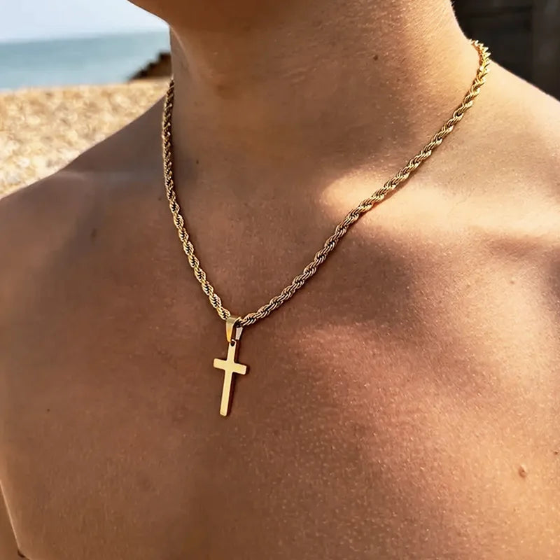 Fashion Cross Stainless Steel Necklace for Women Men Gold Color Pendant Stainless Steel Jewelry Collares Gifts Sweater Necklace