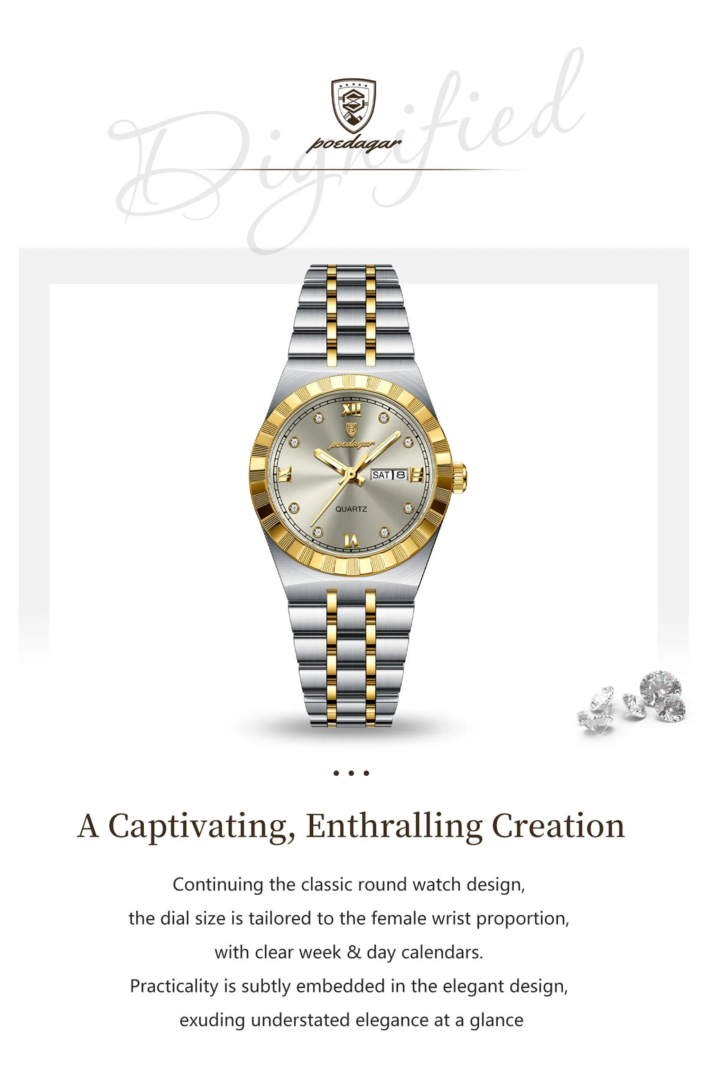 POEDAGAR Luxury Ladies Watch - Luminous Waterproof Week Date Stainless