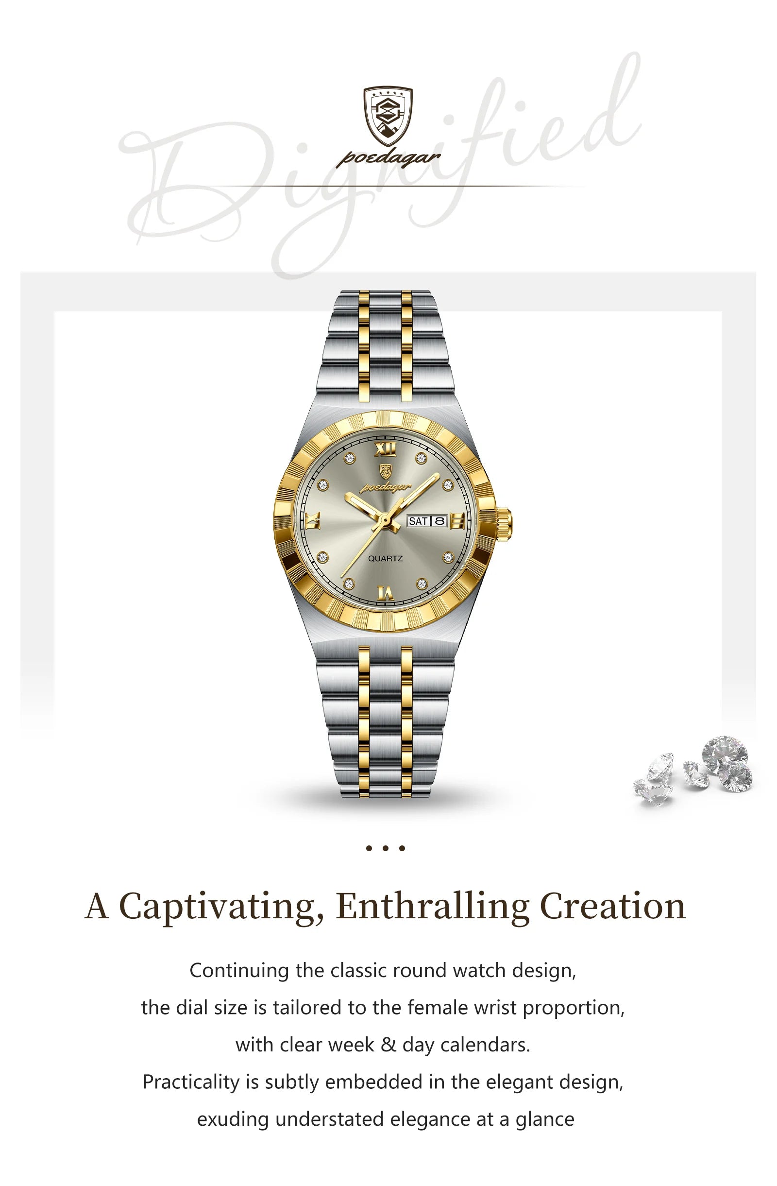 POEDAGAR Luxury Ladies Watch - Luminous Waterproof Week Date Stainless