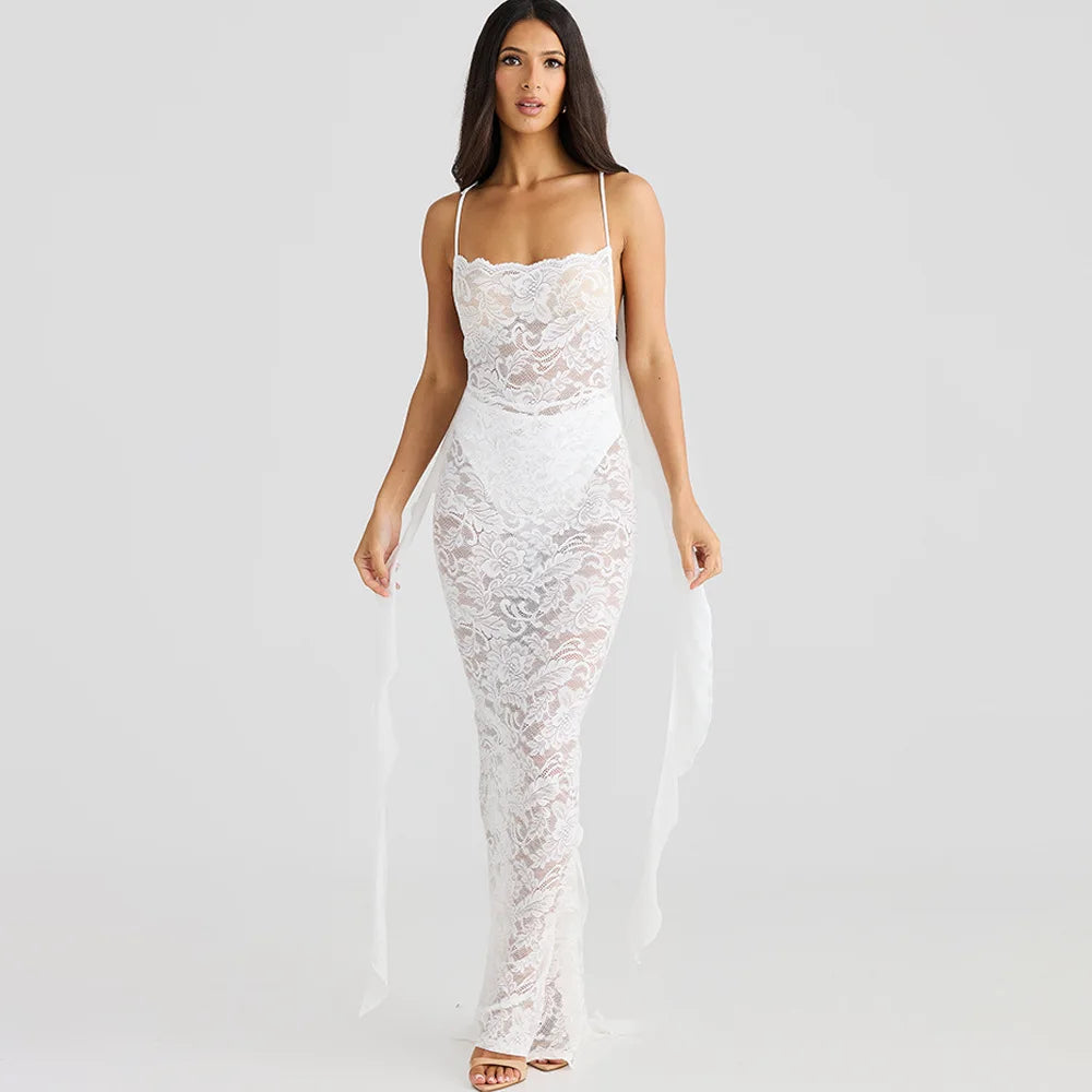Articat Sexy Sleeveless Lace Patchwork Print Women Backless Party Evening Dress 2024 New Trailing Long Skirt Flowing Vestido