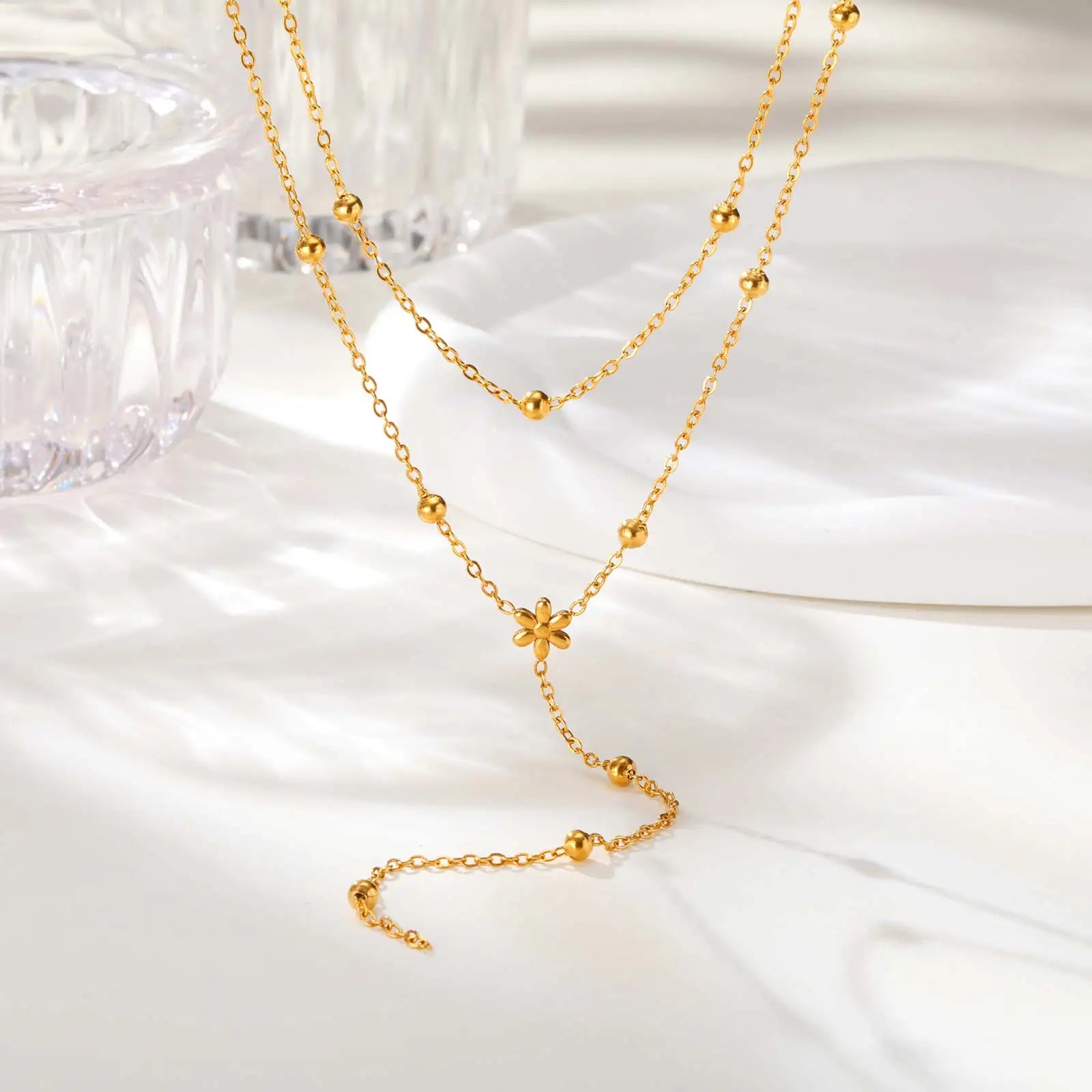 Dainty Bead Chain Zircon Heart-shaped Necklace for Women,Stainless Steel Flower Tassel Double Layer Y-shaped Necklaces Jewelry