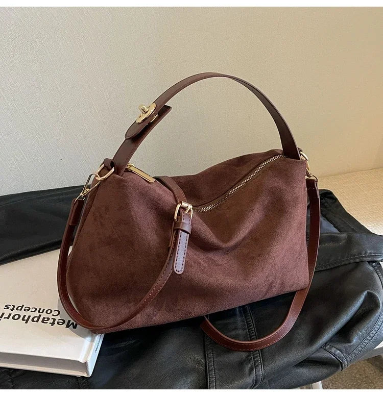 New Solid Color PU Zipper Women's Bag Suede Large Capacity Women's Shoulder Bag Fashion Versatile Casual Dual Purpose Handbag