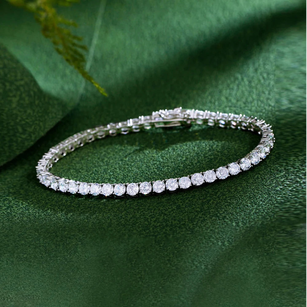 QooLady High Quality 925 Sterling Silver Round Shiny CZ Tennis Chain Bracelet for Women Wedding Engagement Jewelry Gifts SB006