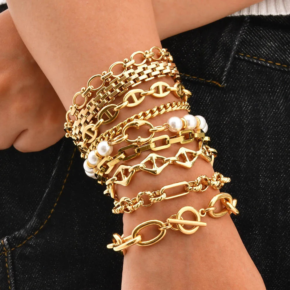 Gold Plated Chunky Chain Bracelet, Stainless Steel Minimalist Link Waterproof, Thick Brand Wristband Bangle For Women