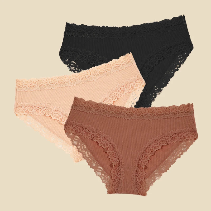 3PCS/Set Cotton Lace Underwear for Women Sexy Ribbed Floral Panties Comfortable Low-Waist Briefs Female Solid Comfort Lingerie